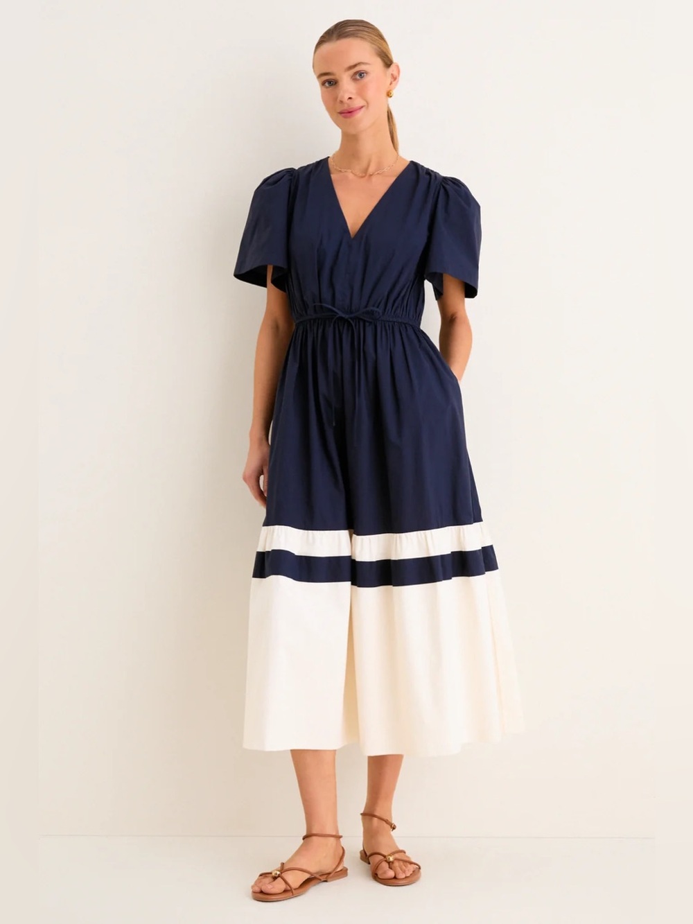 Tuckernuck Navy & Cream Mitchell Midi Dress, Size XS